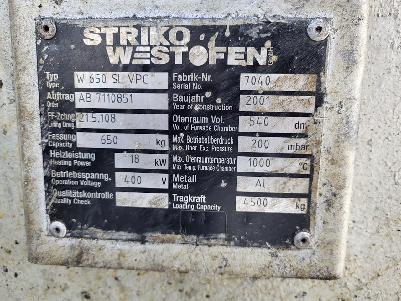 StrikoWestofen W 650 SL ProDos Dávkovací pec O1749, použitá